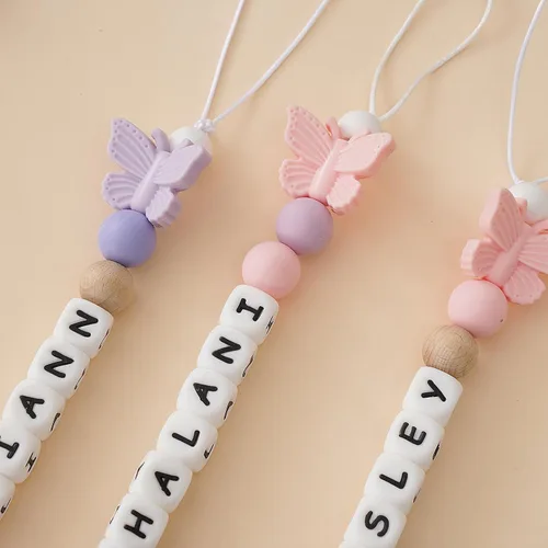 Vista 4 de Clip personalizado para chupete con nombre, soporte para chupete personalizado con nombre, juegos de regalo para bebés recién nacidos (mariposa)