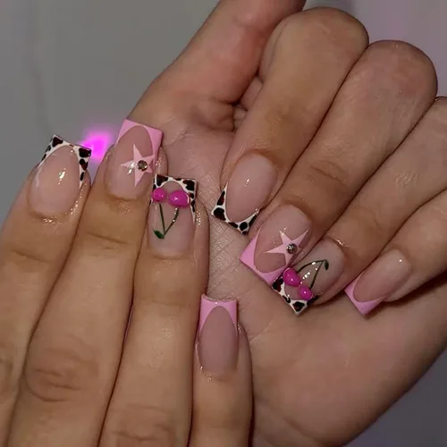 Vista 22 de Lindas uñas a presión de tamaño mediano - Uñas falsas cuadradas con punta francesa, uñas acrílicas rojas de cobertura completa brillantes