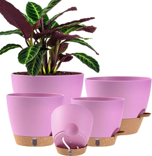 Vista 9 de Paquete de 5 macetas de riego automático de 6 pulgadas para plantas de interior, macetas pequeñas de plástico con indicador de nivel de agua
