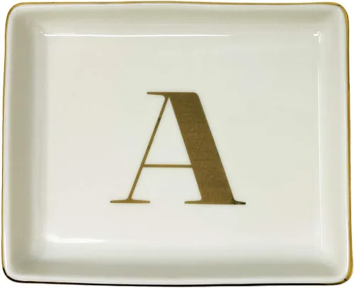 Vista 6 de Bandeja de joyería con anillo con inicial de regalo, plato de joyería personalizado y plato de baratija con iniciales de oro titular de cerámica
