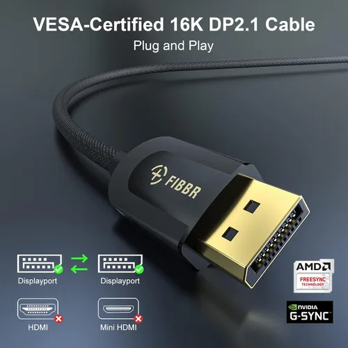 Vista 4 de FIBBR Cable DisplayPort 2.1 certificado VESA de 40 Gbps, cable DP40 de 16.5 pies, 16K @30Hz 10K @30Hz 8K @60Hz 4K @165Hz, HDR, HDCP2.2, DSC 1.2a