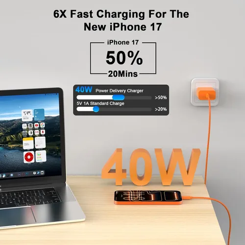 Vista 2 de Cargador rápido para iPhone 17 16 15, [certificado MFi] Bloque de cargador de pared USB C de 40 W con USB C de 10 pies de carga USB C a USB C cable