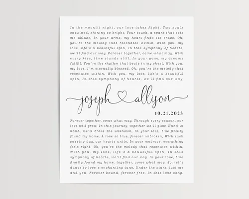 Vista 2 de Letras de canciones personalizadas para pared, regalo de boda de aniversario personalizado para parejas, póster de letras de boda, regalo de primera