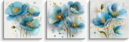 Vista 2 de NAN Wind 3 piezas de arte de pared de flores azules, impresión botánica moderna, ilustración floral floreciente, salpicaduras de acuarela y elegante