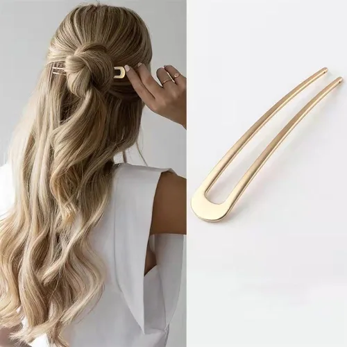 Vista 4 de Paquete de 3 horquillas de pelo francesas en forma de U doradas, accesorios para el cabello Sturdy metal hair sticks, elegant hair styling Dorado