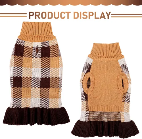 Vista 2 de Vestido suéter para perro, ropa de punto a cuadros para perros pequeños y medianos, cálido pullover de cuello alto elástico para cachorro y mascota