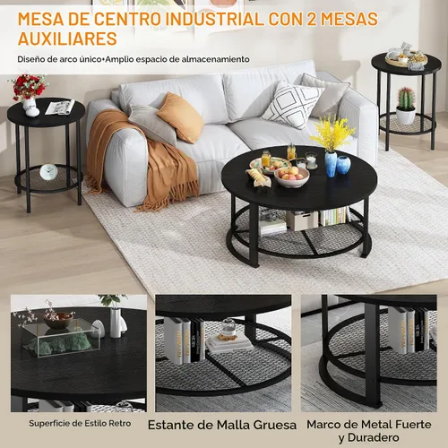Vista 4 de DKLGG - Juego de 3 mesas auxiliares y mesas auxiliares para sala de estar, mesa de centro redonda con almacenamiento, moderno juego de mesa rústica