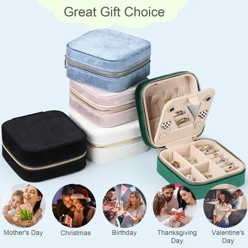 Vista 6 de Sightor Joyero organizador de terciopelo para viaje, pequeño joyero con espejo, portátil, estuche de almacenamiento de joyas para anillos, aretes