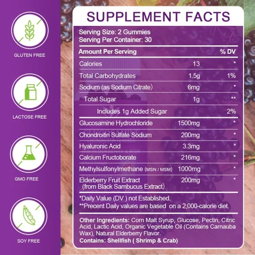 Vista 2 de WOGORGT Gomitas de condroitina de glucosamina para mujeres y hombres, 1500 mg de glucosamina condroitina con MSM y saúco, flexibilidad y apoyo
