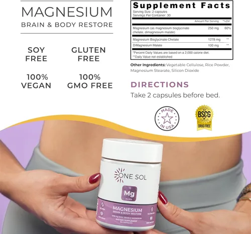 Vista 4 de One Sol Magnesio, 1378 mg Bisglicinato de Magnesio de Doble Fuente para el sueño, la relajación y la recuperación de todo el cuerpo, Alta absorción