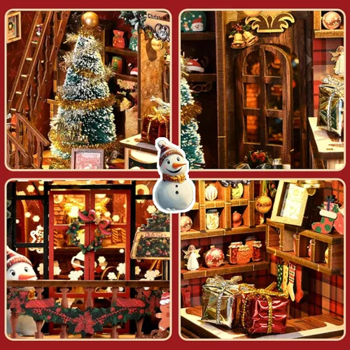Vista 5 de Kit de rincón de libro de Navidad, casa de muñecas en miniatura 3D, rompecabezas de madera con caja de música, luz LED, regalos de Navidad