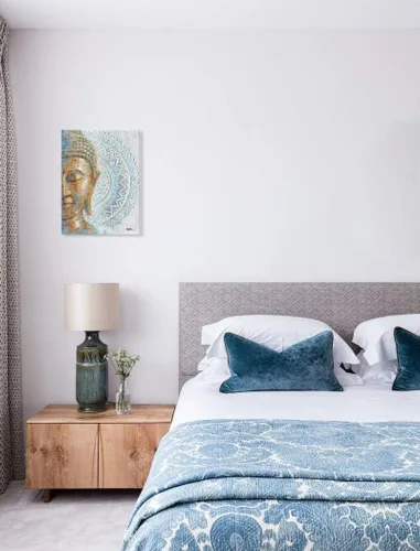 Vista 6 de Lienzo de Buda dorado para la pared: 3D texturizado mandala flor flor Buddha pintura Zen impresión en azul para yoga, meditación, sala de Buda