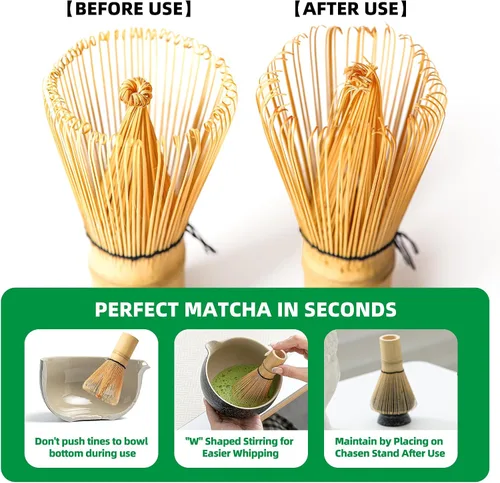 Vista 4 de TEANAGOO Set de Batidor de Matcha, Batidor de Bambú Matcha (100 puntas) con Soporte Negro, Set de Inicio Tradicional de 6 Piezas, Cuchara