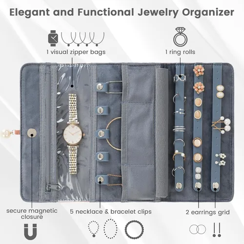 Vista 2 de MissBoy Jewelry Organizer Roll, Travel Jewelry Storage Case, Foldable Jewelry Holder Bag for Earrings, Necklaces, Rings, Bracelets, Brooches