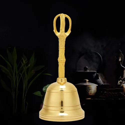 Vista 2 de Campana de mano de latón retro, pequeño volumen, fácil de transportar, sonido audible claro para instrumento taoísta pacífico, Feng Shui