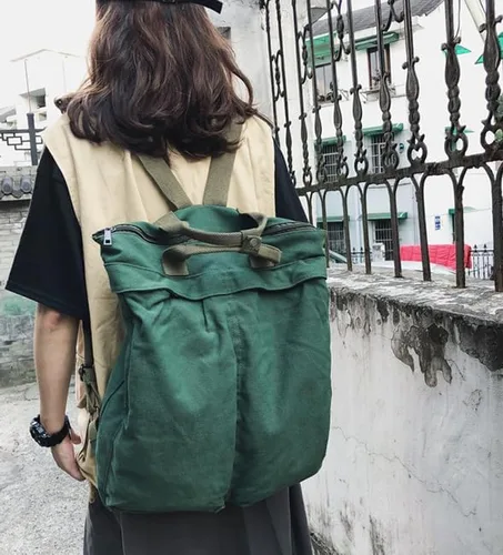 Vista 9 de Mochila de lona vintage para mujeres y hombres, bolsa de viaje casual de gran capacidad, de mezclilla, estilo grunge, senderismo, viajes (verde)