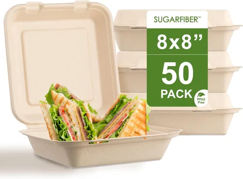 Vista 13 de Harvest Pack - Contenedores compostables de 6 x 6 pulgadas (paquete de 50), caja Bento de 4 pulgadas sin PFAS con certificación BPI para tartas