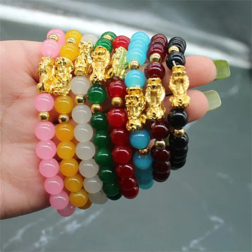 Vista 8 de Fuqimanman2020 8 pulseras de Feng Shui Pixiu Wealth Luck Jade con cuentas para mujeres y hombres, joyería tradicional china de la suerte atrae