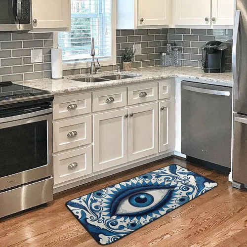 Vista 4 de Alfombra rectangular (ojo malvado azul), 39 x 20 pulgadas, antideslizante, de algodón elástico, capa intermedia para cocina, baño, sala de estar