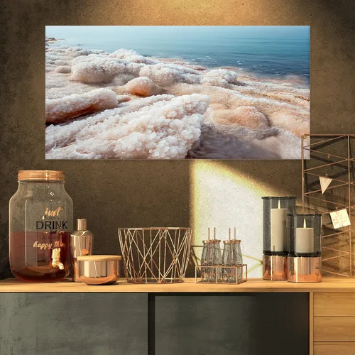 Vista 6 de Designart PT11190-20-12 - Lienzo decorativo en la playa del mar muerto, diseño de sal cristalizada en la playa del mar extra grande, 20 x 12