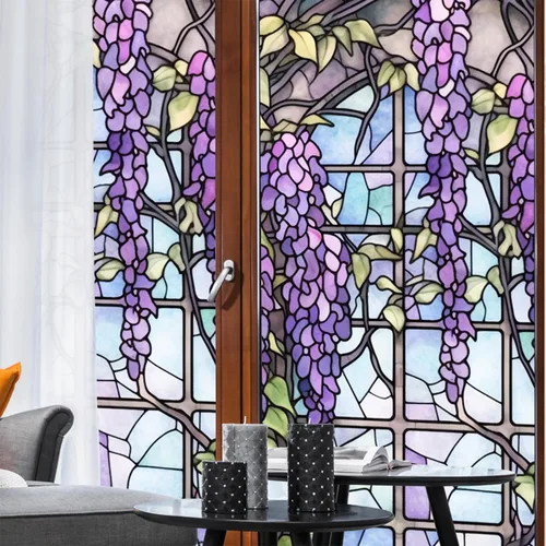 Vista 5 de Película de Ventana de Vidrio Emplomado Wisteria Esmerilada, Adhesivo Estático Engrosado para Ventana, Adhesivo de Ventana No Adhesivo
