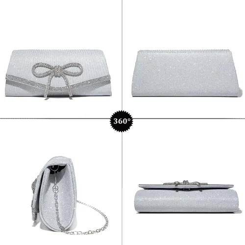 Vista 4 de Bolso de mano brillante con lazo para mujer, bolso de noche brillante con diamantes de imitación para baile de graduación, bolso de mano de boda