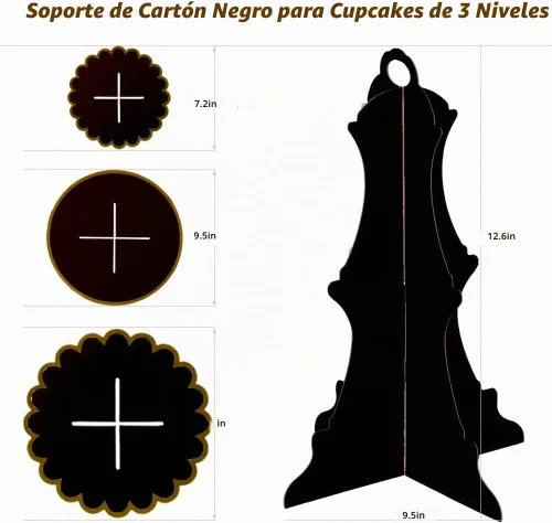 Vista 4 de MRPAPA - Soporte para cupcakes de cartón negro dorado de 3 niveles, torre BLACK-2PCS