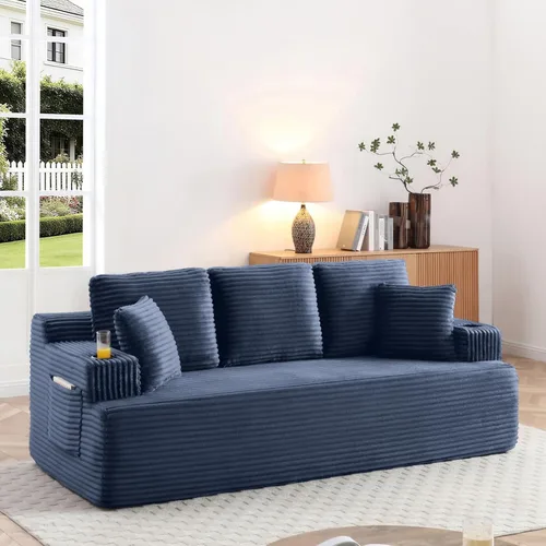 Vista 20 de Sofá sin hueso de 66.5 pulgadas con portavasos y bolsillos laterales, sofá biplaza tapizado de tela de pana moderna con 2 almohadas para sala