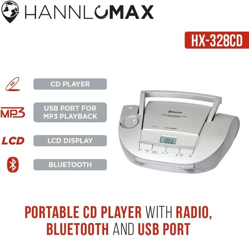 Vista 7 de HANNLOMAX Boombox de CD portátil HX-328CD con radio AM/FM, Bluetooth, puerto USB para reproducción de MP3, fuente de alimentación dual AC/DC Aux-in.