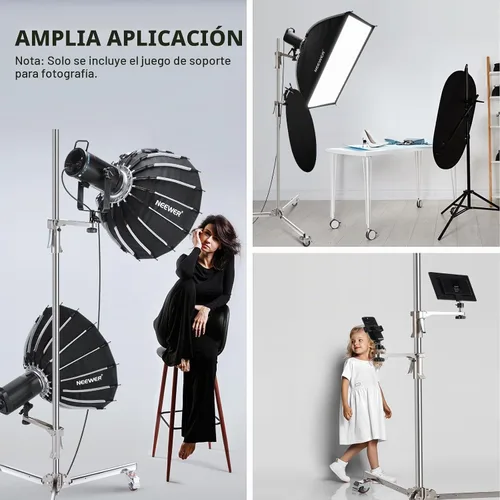 Vista 3 de NEEWER Soporte para luz de acero inoxidable de 198 cm/6.5 pies, soporte de trípode resistente con ruedas con rodamientos, 2 brazos deslizantes