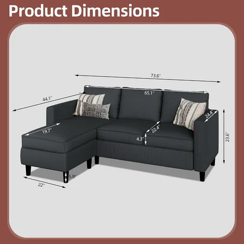Vista 2 de Nuturelly Sofá modular convertible con otomana móvil, sofá moderno en forma de L de 3 plazas para espacios pequeños, sofá de tela suave para sala
