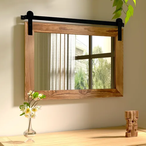Vista 25 de COGOOD Espejo de puerta de granero de granja, 25 x 18 pulgadas, espejo decrativo con marco de madera rústica para baño, sala de estar, decoración