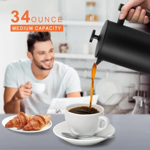 Vista 2 de Secura Cafetera de prensa francesa con filtro de acero inoxidable de 3 capas, 34 onzas, negro, diseño aislado de doble pared con 2 filtros