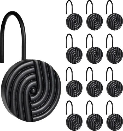 Vista 10 de Sunlit Ganchos decorativos para cortina de ducha modernos de mediados de siglo, anillos de cortina de ducha geométricos negros para baño, resina