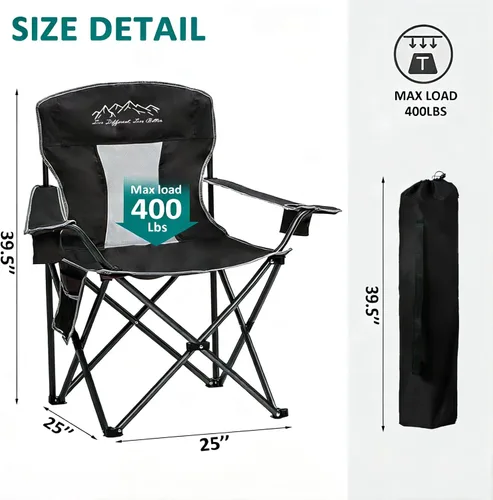 Vista 3 de Sillas de camping plegables y colapsables de alta resistencia, silla plegable de césped con bolsa para lonchera, bolsillo de almacenamiento, bolsa