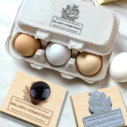 Vista 7 de UBJVA Sellos de cartón de huevos personalizados personalizados para huevos frescos de granja, sello de goma de madera para gallinero de granja