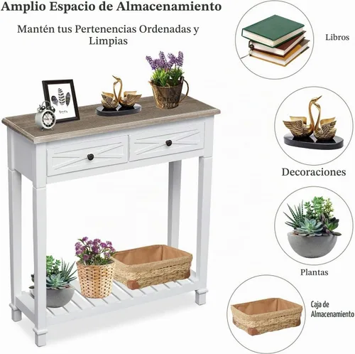 Vista 7 de Mesa consola con 2 cajones y estante de almacenamiento, mesa estrecha para sofá, mesa de entrada para entrada, pasillo delantero, color blanco