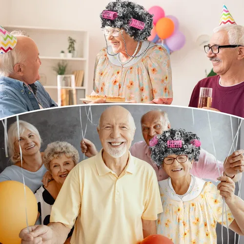 Vista 7 de Jiuguva 7 piezas de disfraz de anciana para mujeres y niños, túnica de manga corta para abuelita, peluca de anciana, peluca plegable con muleta