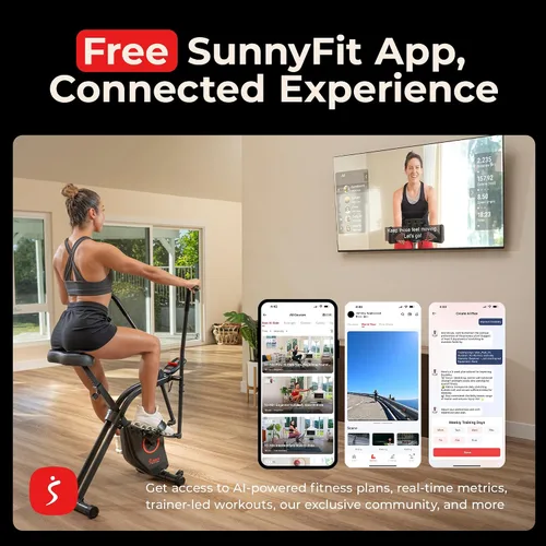 Vista 3 de Sunny Health & Fitness Smart Folding X-Bike, Portable Compact Exercise Bike for Indoor Cycling Workout, Home Cardio Training Machine, Free SunnyFit