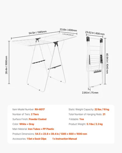 Vista 7 de VEVOR Estante de secado de ropa, estante plegable de 2 niveles con clips para calcetines y 21 varillas de secado, estantes de secado ajustables