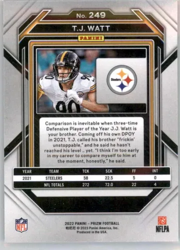 Vista 2 de 2022 Panini Prizm Football #249 T.J. Watt Pittsburgh Steelers Official NFL Trading Card (Stock Photo shown, card is in Near Mint to Mint Condition)