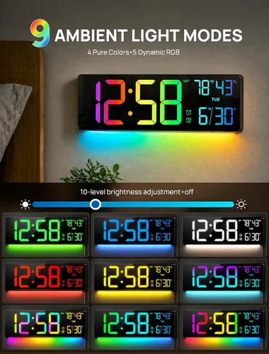 Vista 3 de RGB Large Digital Wall Clock, 15.7" Digital Clock Large Display with Remote LED Alarm Clocks with Night Light, DST, Date, Temperature for Living