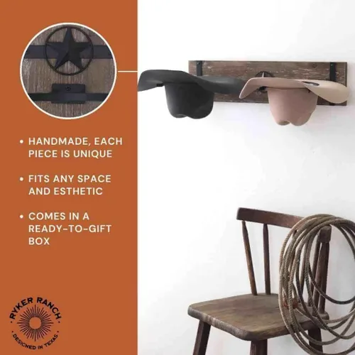 Vista 7 de Ryker Ranch Perchero de sombrero de vaquero para pared Perchero para sombreros occidentales Percha para sombreros de vaquero de madera rústica
