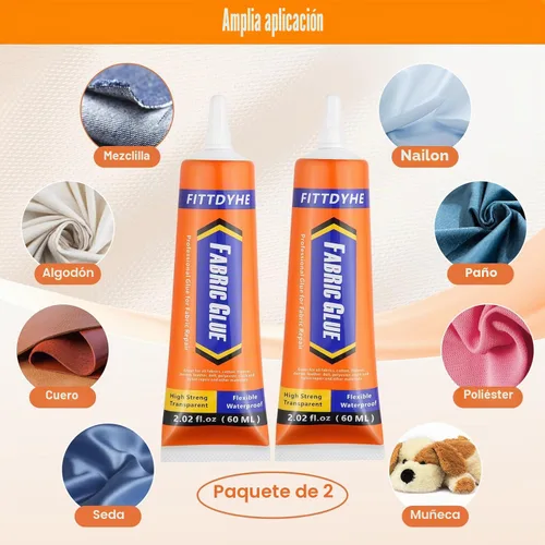 Vista 2 de 2 Pack de Pegamento para Tela Permanente, 60ML/2.02oz Pegamento Claro Lavable para Ropa, Adhesivo Súper para Tela para Strass, Parches, Ropa, Denim