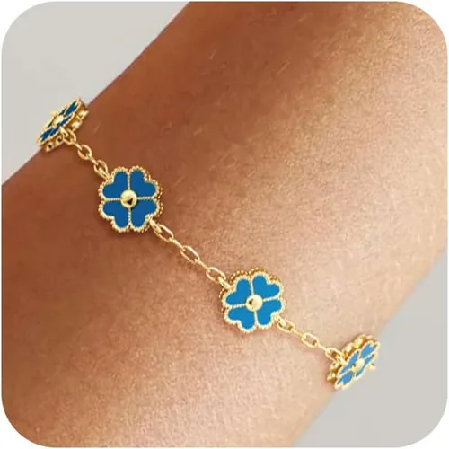 Vista 10 de NECOCY Pulsera de trébol para mujer, moderna chapada en oro de 18 quilates, cuatro hojas, juego de pulseras de flores de la suerte, ajustables
