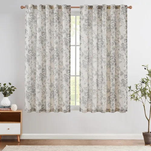 Vista 41 de Jinchan Cortinas de Mezcla de Lino con Estampado Floral para Sala de Estar, 84 Pulgadas de Largo, Cortinas con Bolsillo para Varilla y Tab Trasera