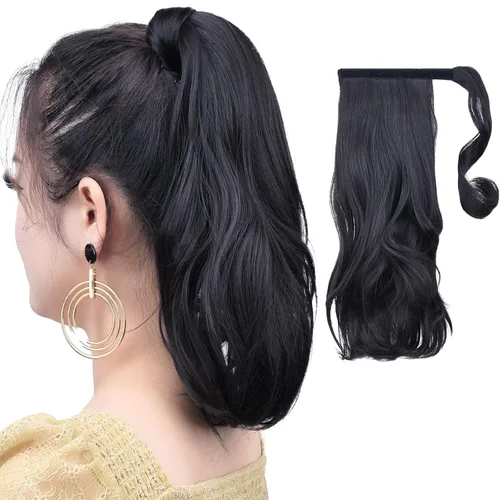 Vista 28 de Extensiones de cola de caballo caoba, cola de caballo rizada con clip, 22 pulgadas, 3.5 onzas, extensión de cabello sintético negro, extensión