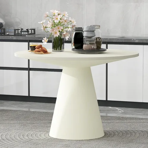 Vista 24 de JUSTONE Mesa de comedor redonda de 47.2'' para 4 personas, mesa de cocina moderna de madera con diseño de rejilla circular base de pedestal, mesa