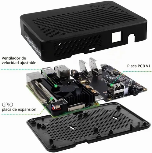 Vista 5 de GeeekPi DeskPi Lite Pi 4 - Funda con botón de encendido/disipador de calor con ventilador PWM, HDMI de tamaño completo dual, dos puertos USB extra