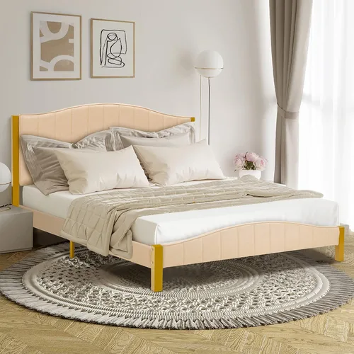 Vista 9 de Giantex Base de cama tapizada de tamaño matrimonial, base de cama moderna con cabecera acolchada, base de colchón con soporte de listones de madera